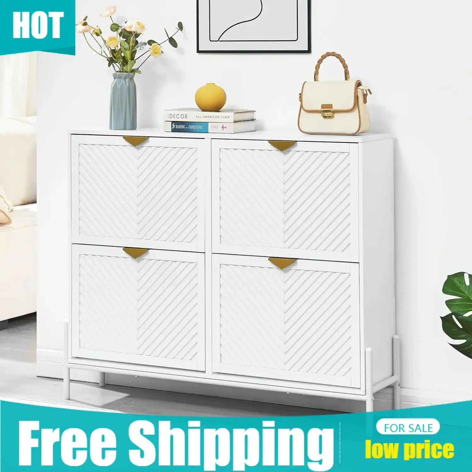 Shoe Rack Cabinet Narrow Entryway - ตู้เก็บรองเท้าพร้อมลิ้นชักแบบเปิด-ปิด 4 ช่อง, ตู้เก็บรองเท้าแบบซ่อนสำหรับทางเข้าบ้าน, ชั้นวางรองเท้าทรงเพรียวแบบตั้งพื้น