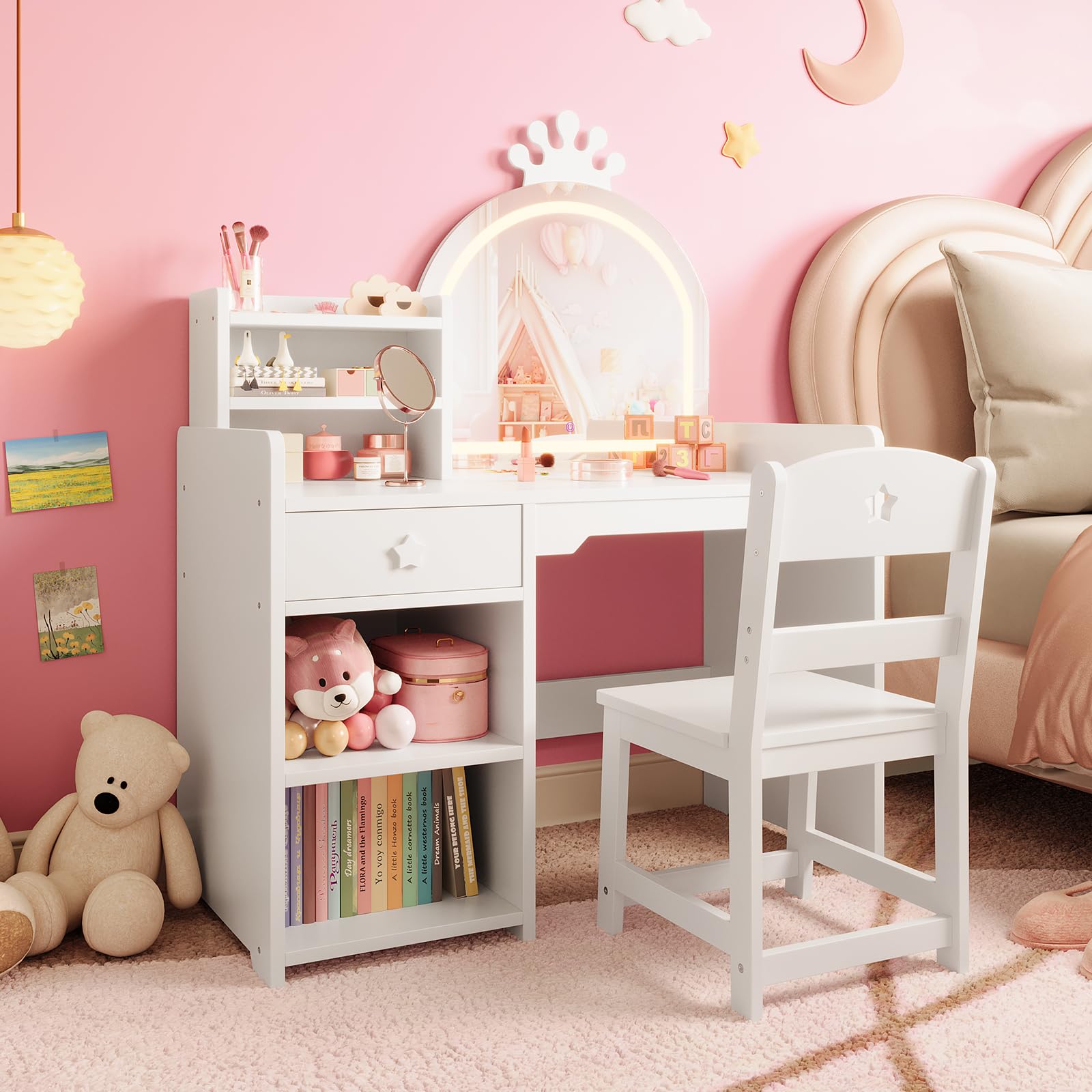 Dressing Table Vanity With Lighted Mirror - ชุดโต๊ะเครื่องแป้งและเก้าอี้สำหรับเด็ก - กระจกติดไฟ LED รูปมงกุฎ, ลิ้นชัก,