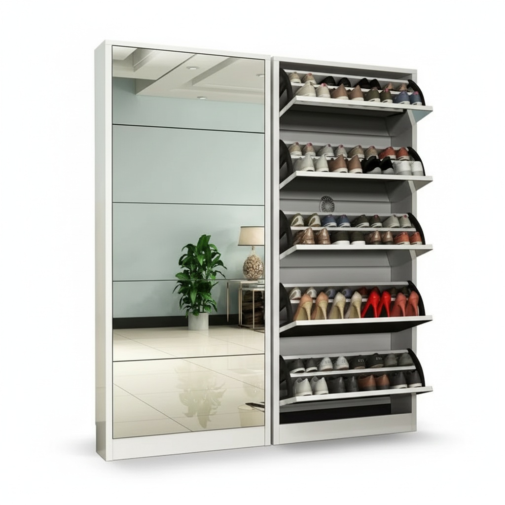 Shoe Rack Cabinet Narrow Entryway - ตู้เก็บรองเท้าไม้แบบโมเดิร์นพร้อมกระจก ตู้เก็บรองเท้าทรงเพรียวบางสำหรับทางเข้าบ้าน ทางเดินแคบ ชั้นวางรองเท้าสำหรับจัดเก็บ เฟอร์นิเจอร์สำหรับบ้าน
