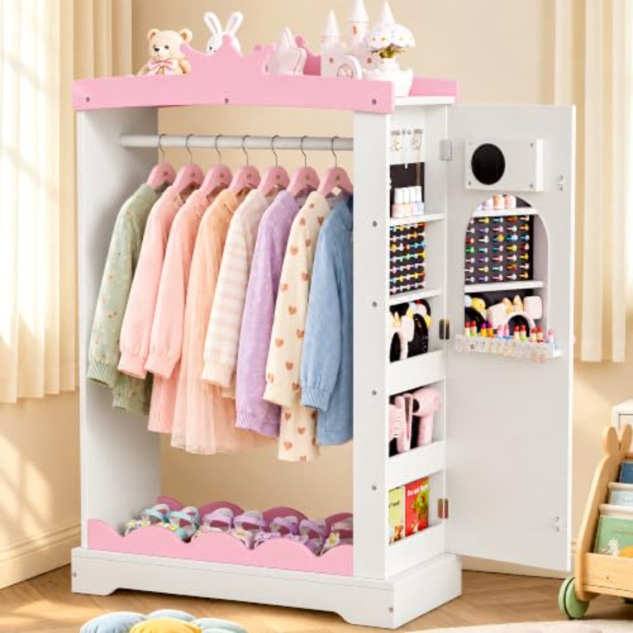 Full Length Mirror Jewelry Armoire - ตู้เสื้อผ้าสำหรับแต่งตัว พร้อมกระจกเต็มตัวแบบมีไฟและตู้เก็บเครื่องประดับ ตู้เสื้อผ้าไม้สำหรับเล่นบทบาทสมมติเจ้าหญิง พร้อมมงกุฎ