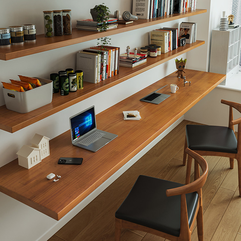 Bedroom Furniture - โต๊ะทำงานไม้เนื้อแข็งสไตล์นอร์ดิกพร้อมชั้นวางหนังสือ ดีไซน์ทันสมัย โต๊ะคอมพิวเตอร์ติดผนังแบบลอยตัว เฟอร์นิเจอร์ห้องนอน/ห้องทำงาน FYFD