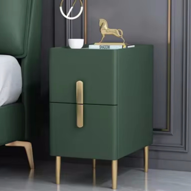 Solid Wood Nightstand 2 Drawers - โต๊ะข้างเตียงไม้สีพื้น 2 ลิ้นชัก ทรงแคบ สไตล์นอร์ดิก หุ้มหนังเทียม