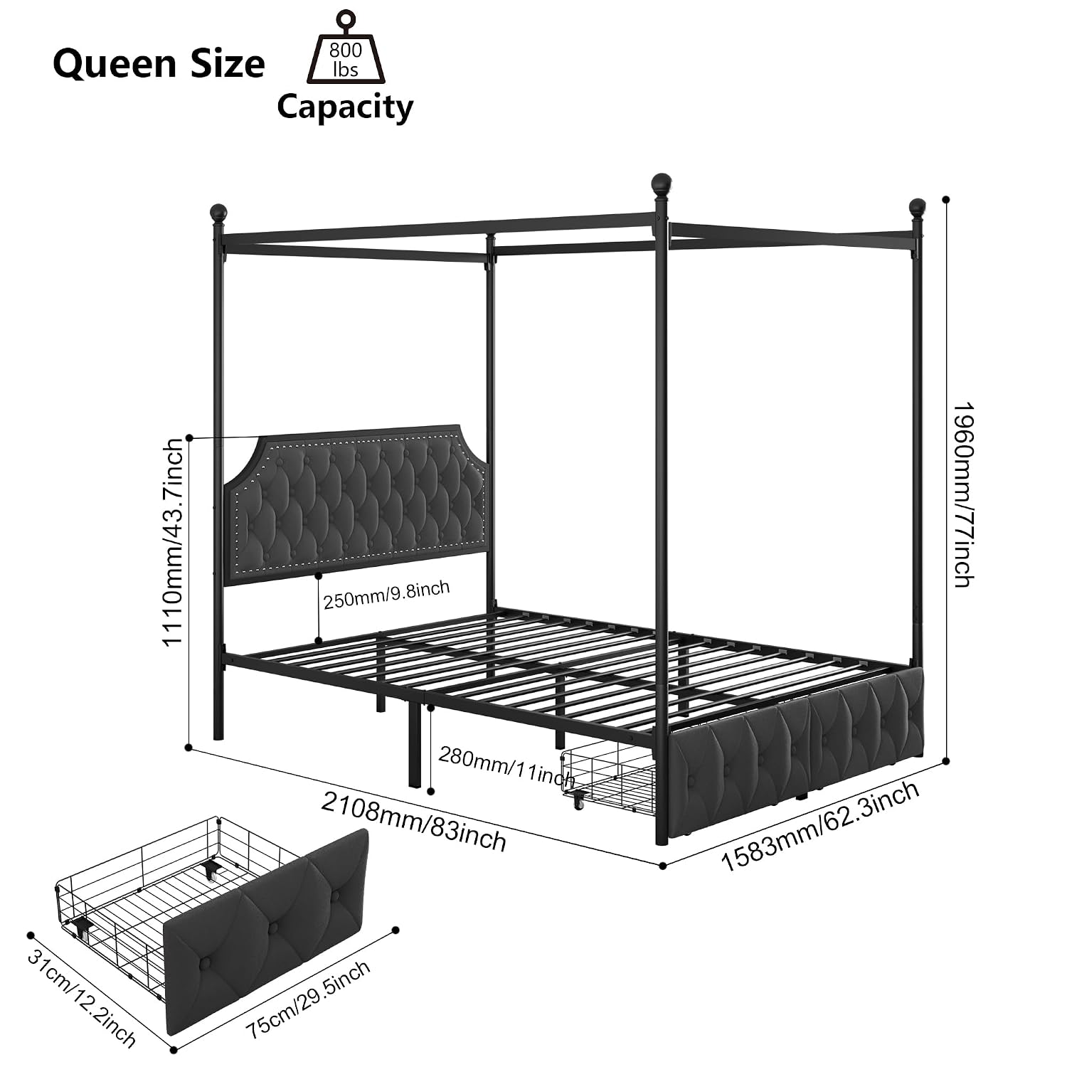 Canopy Bed Frame Metal Queen - โครงเตียงควีนไซส์แบบมีหลังคา พร้อมลิ้นชักเก็บของและหัวเตียงบุลายปัก, โครงเตียงโลหะแบบมีเสา 4 ต้น, เตียงบุผ้ากำมะหยี่,