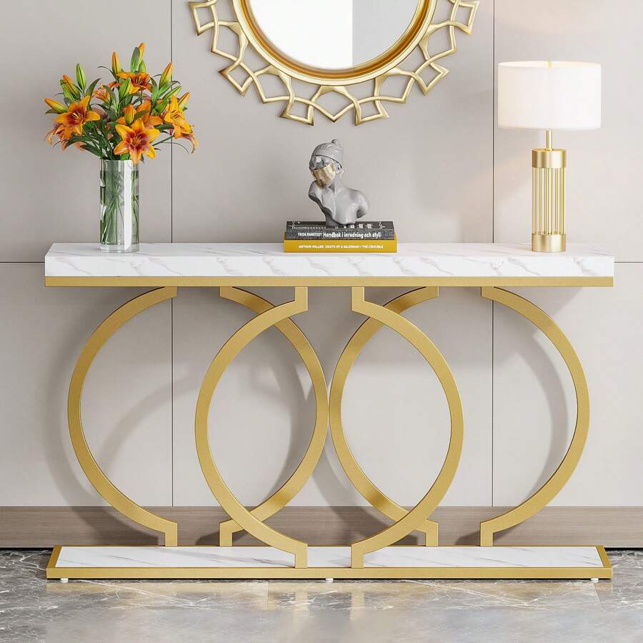 Tables - โต๊ะคอนโซลสีทองสไตล์โมเดิร์นขนาดนิ้ว สำหรับวางหน้าทางเข้า โต๊ะยาวแคบสำหรับวางหลังโซฟา โต๊ะตกแต่งสำหรับห้องนั่งเล่น