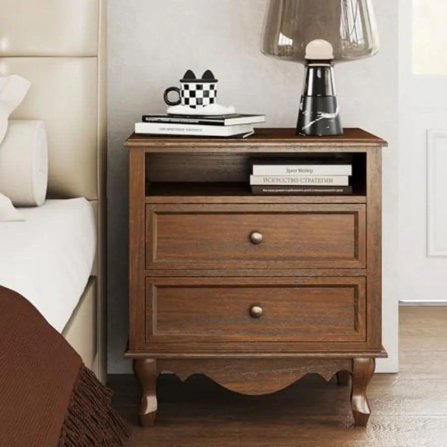 Solid Wood Nightstand 2 Drawers - โต๊ะข้างเตียงไม้เนื้อแข็ง ประกอบเสร็จสมบูรณ์ พร้อมลิ้นชัก 2 ช่อง และชั้นวางของแบบเปิด