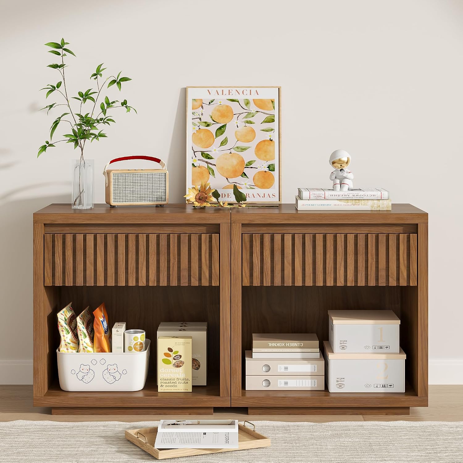 Solid Wood Nightstand 2 Drawers - ชุดโต๊ะข้างเตียง 2 ลิ้นชัก ลายร่อง 2 ชิ้น