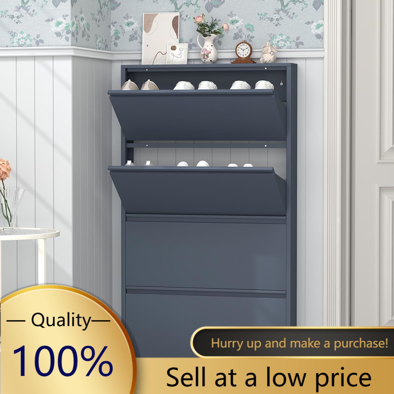 Shoe Rack Cabinet Narrow Entryway - ตู้เก็บรองเท้าพร้อมลิ้นชักแบบเปิด-ปิด 4 ช่อง, ตู้เก็บรองเท้าโลหะทรงเพรียวบางสำหรับทางเข้าบ้าน, ตู้เก็บรองเท้าแบบซ่อนตัวสำหรับติดผนัง