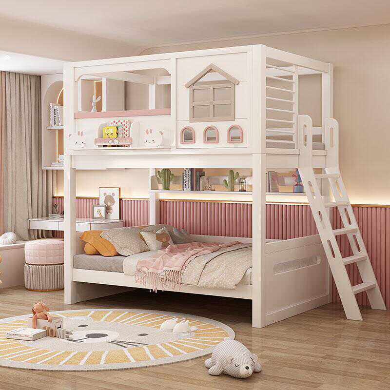 Bunk Bed With Stairs And Slide - เตียงสองชั้นสำหรับเด็กทำจากไม้เนื้อแข็งสีชมพูทันสมัย พร้อมบันไดสไลด์ ตู้เก็บของ และลิ้นชักคู่ เหมาะสำหรับใช้ในบ้านหรือโรงแรม