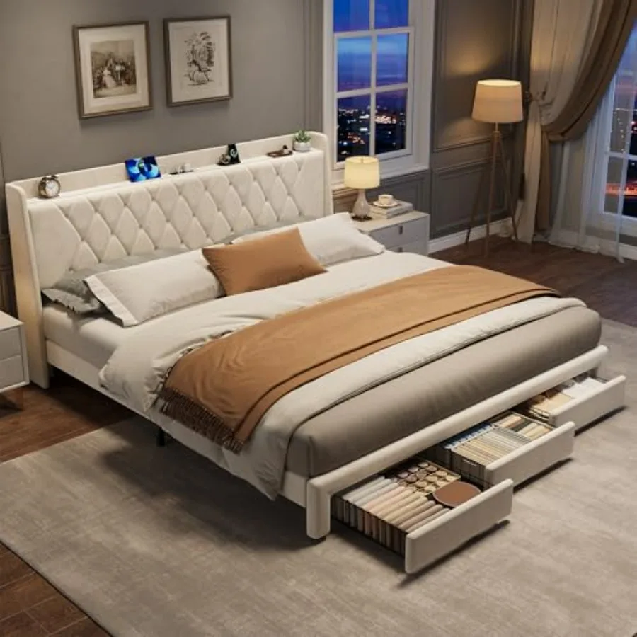 King Size Bed Frame With Storage Drawers - โครงเตียงแบบมีฐานรอง บุด้วยผ้ากำมะหยี่ ขนาดคิงไซส์ พร้อมหัวเตียงบุลายคริสตัล ลิ้นชักเก็บของ 3