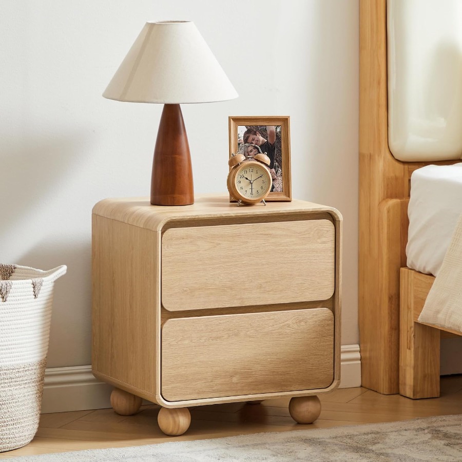 Solid Wood Nightstand 2 Drawers - โต๊ะข้างเตียงขนาดเล็ก พร้อมลิ้นชัก 2 ช่อง สำหรับห้องนอนในหอพัก ขาโต๊ะทำจากไม้เนื้อแข็ง