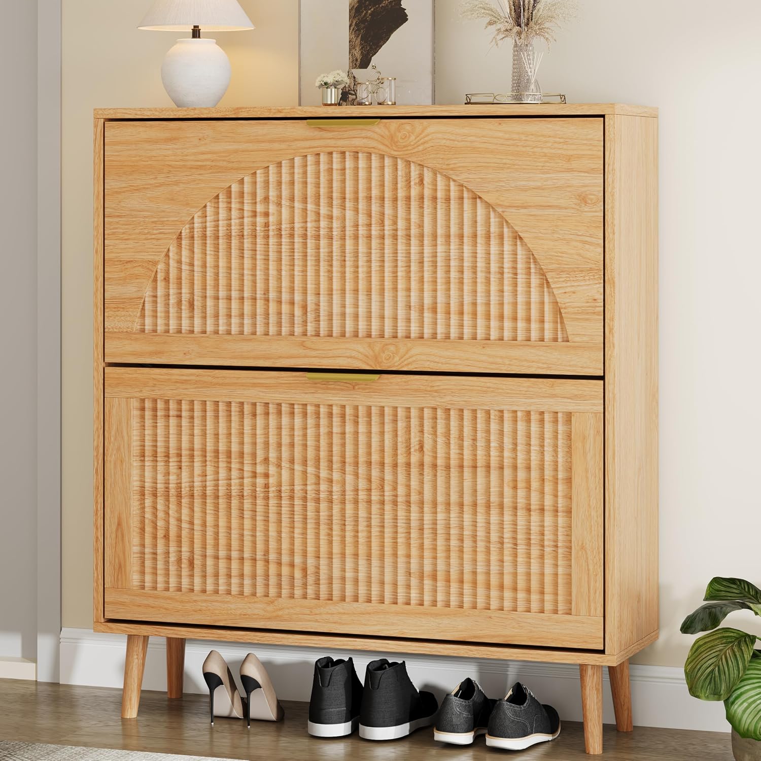 ตู้รองเท้าไม้ 2 ลิ้นชักแบบเปิด - Shoe Rack Cabinet Narrow Entryway บทวิจารณ์และราคา