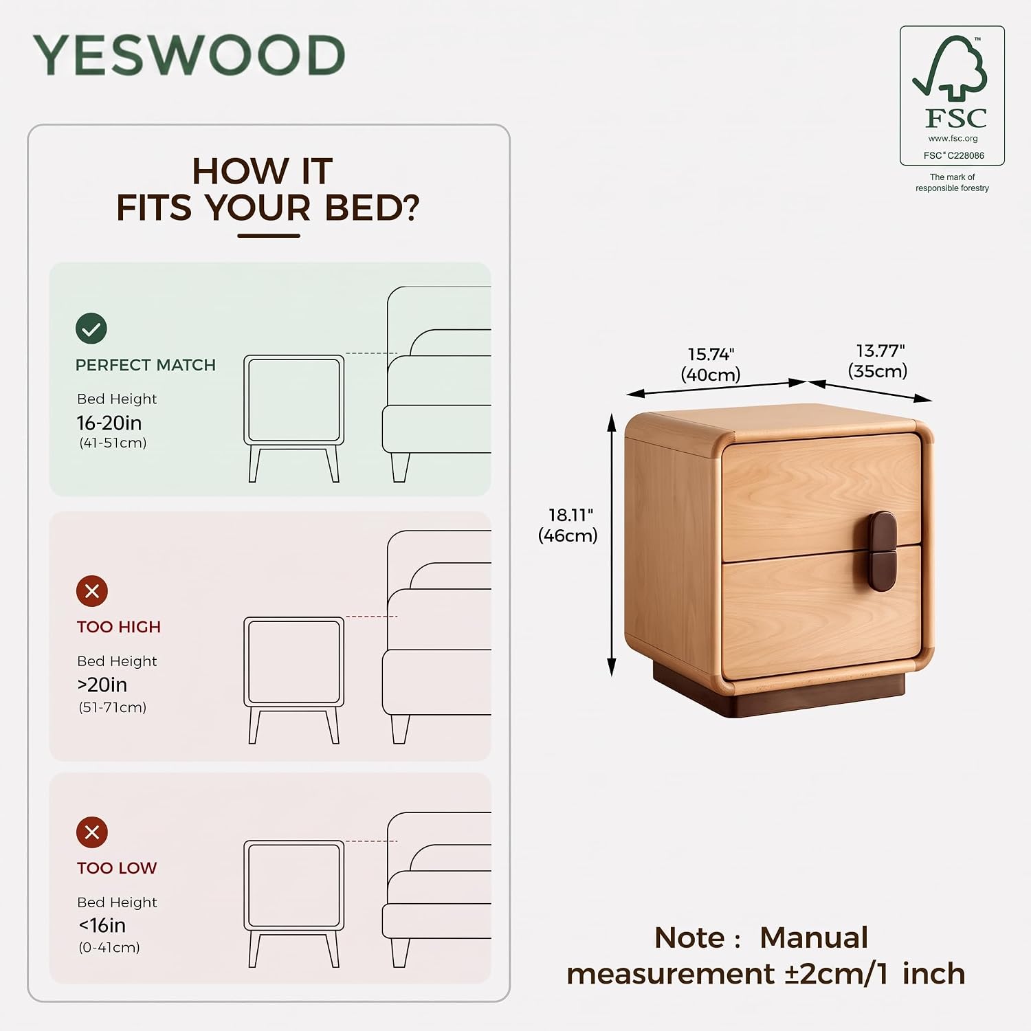 โต๊ะข้างเตียงไม้จริง 2 ลิ้นชัก - Solid Wood Nightstand 2 Drawers บทวิจารณ์และราคา