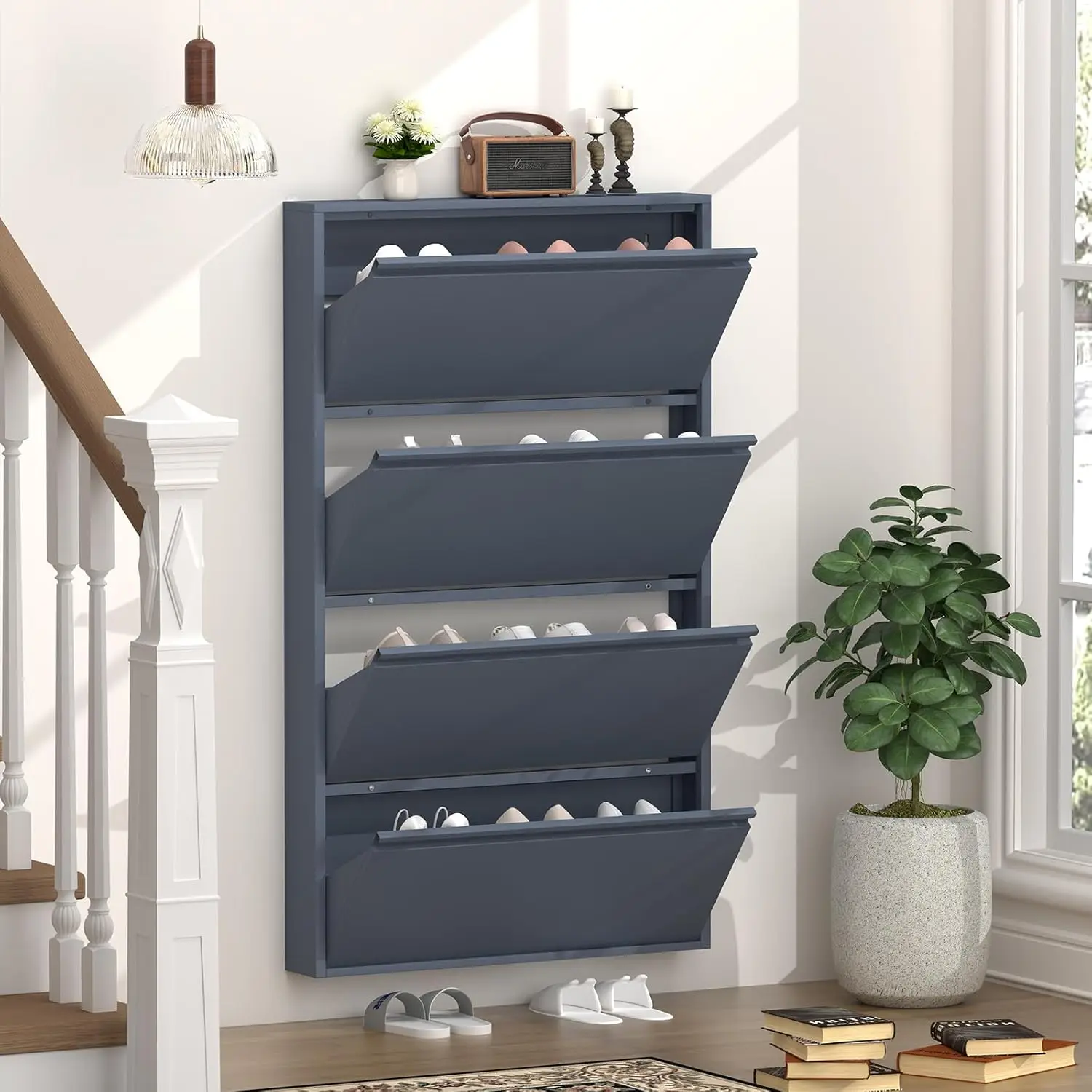 ตู้เก็บรองเท้าพร้อมลิ้นชักแบบเ - Shoe Rack Cabinet Narrow Entryway บทวิจารณ์และราคา