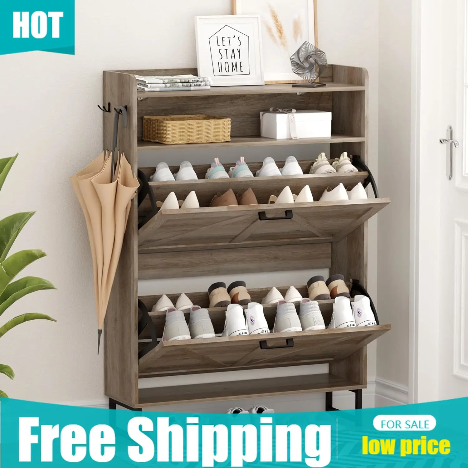 ตู้เก็บรองเท้าพร้อมลิ้นชักแบบเ - Shoe Rack Cabinet Narrow Entryway บทวิจารณ์และราคา